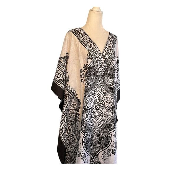 Gypsie Blu Kaftan Maxi Dress Black White Flowy Knit Kimono Sleeves OS - Picture 5 of 13